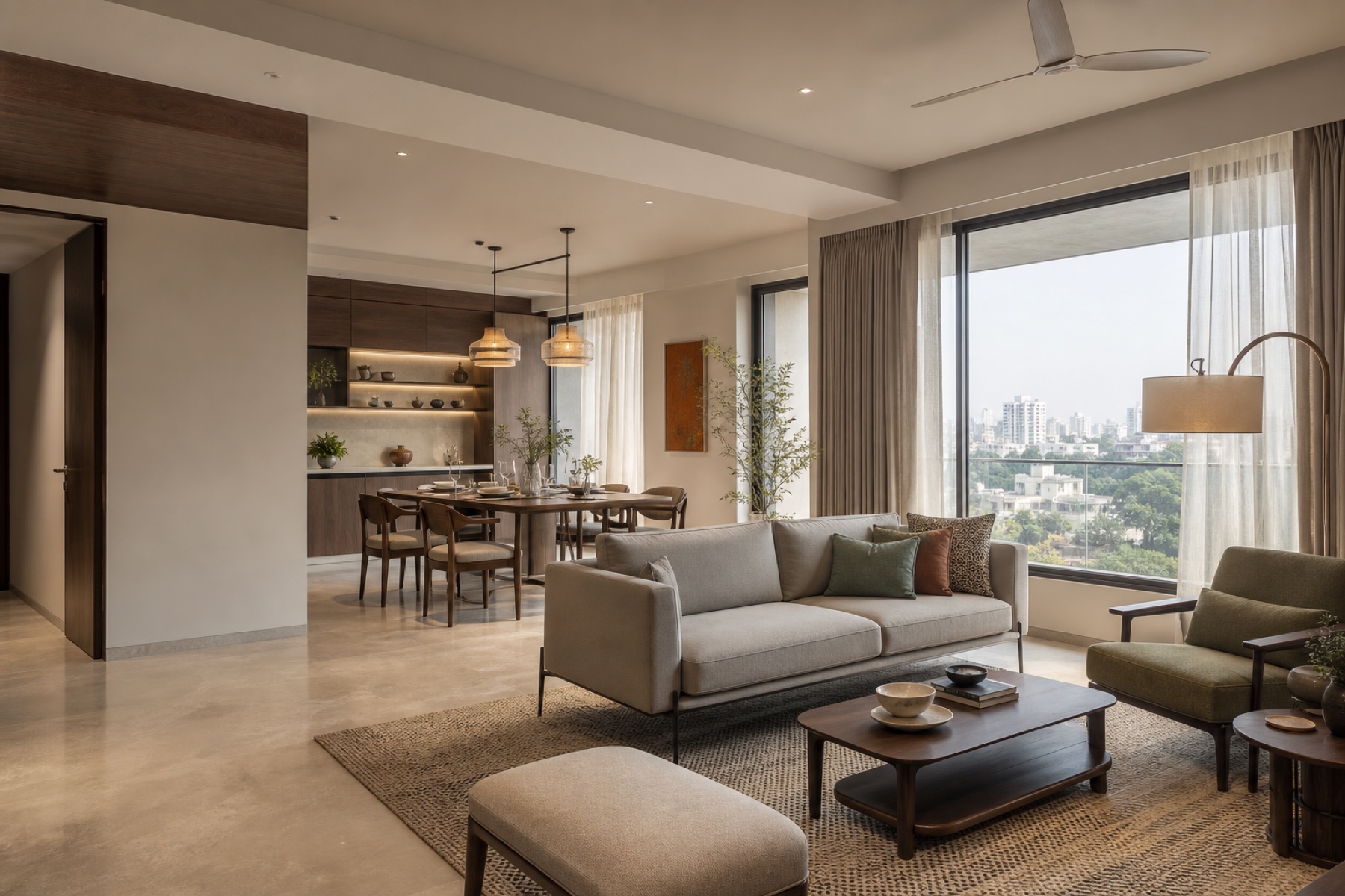 Contemporary Ahmedabad apartment with coordinated living and dining furniture lighting and storage