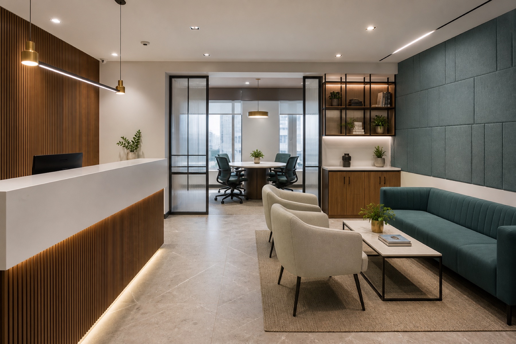 Contemporary office reception and meeting lounge furnished for an Ahmedabad business