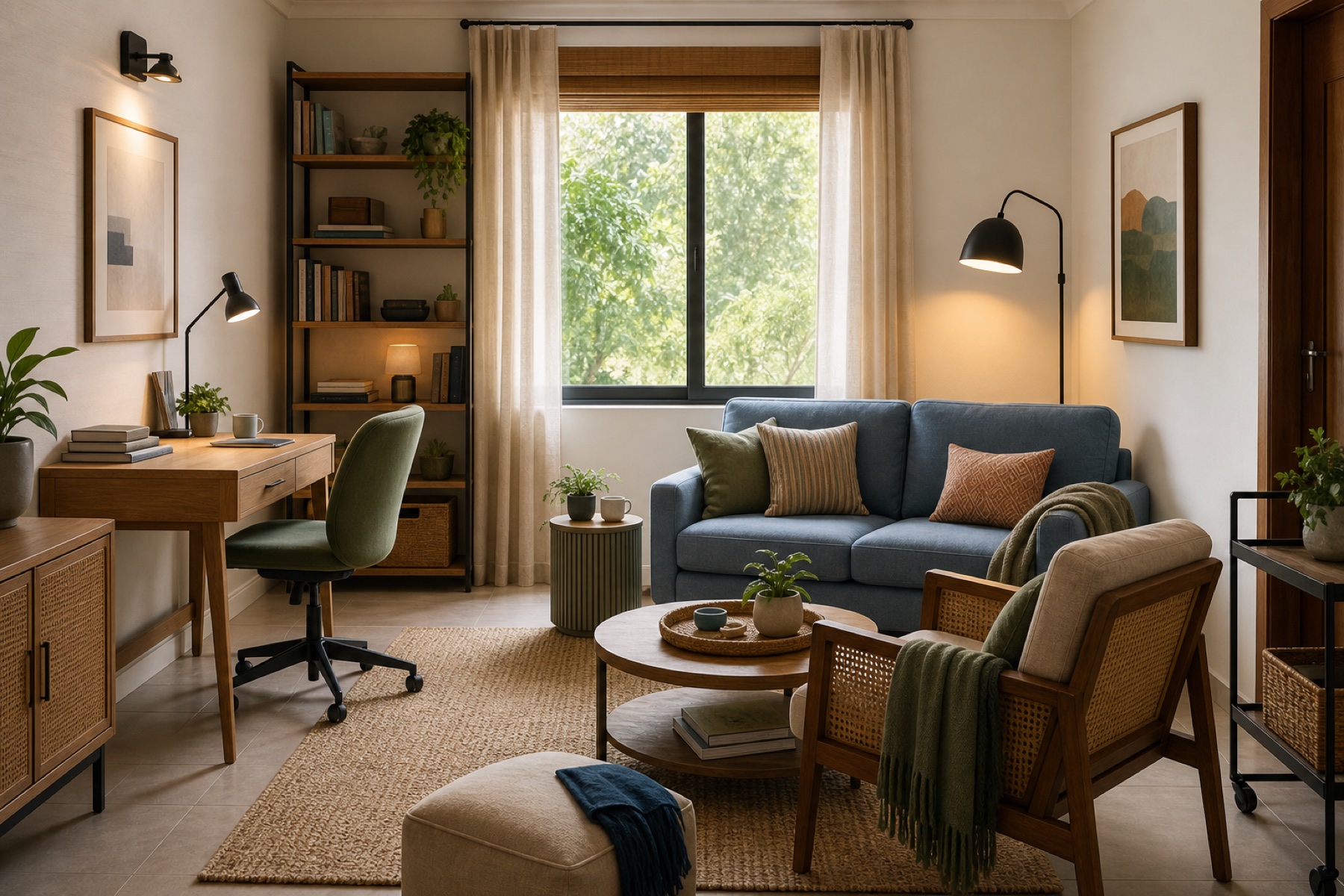 Flexible Anand family lounge and study with desk bookshelf seating lighting and storage