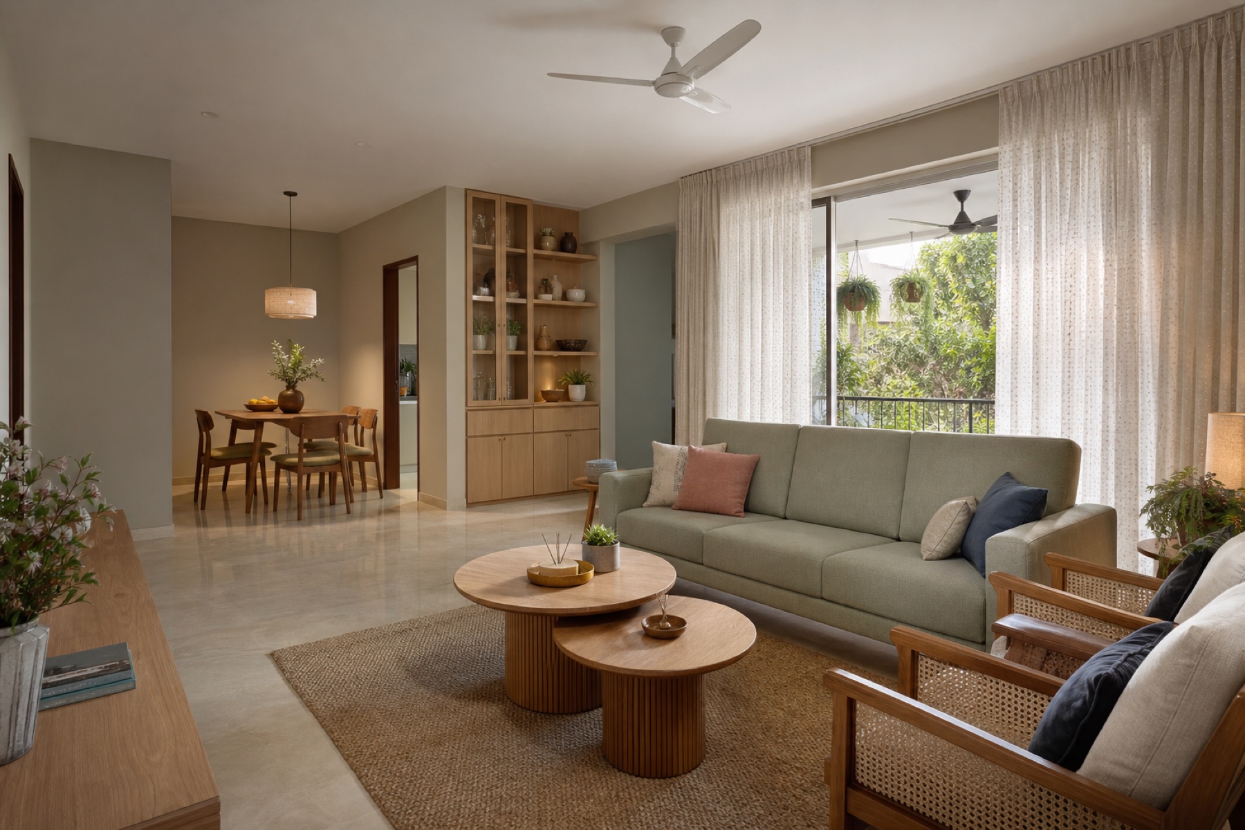 Calm Anand family living and dining room with practical furniture storage lighting and curtains