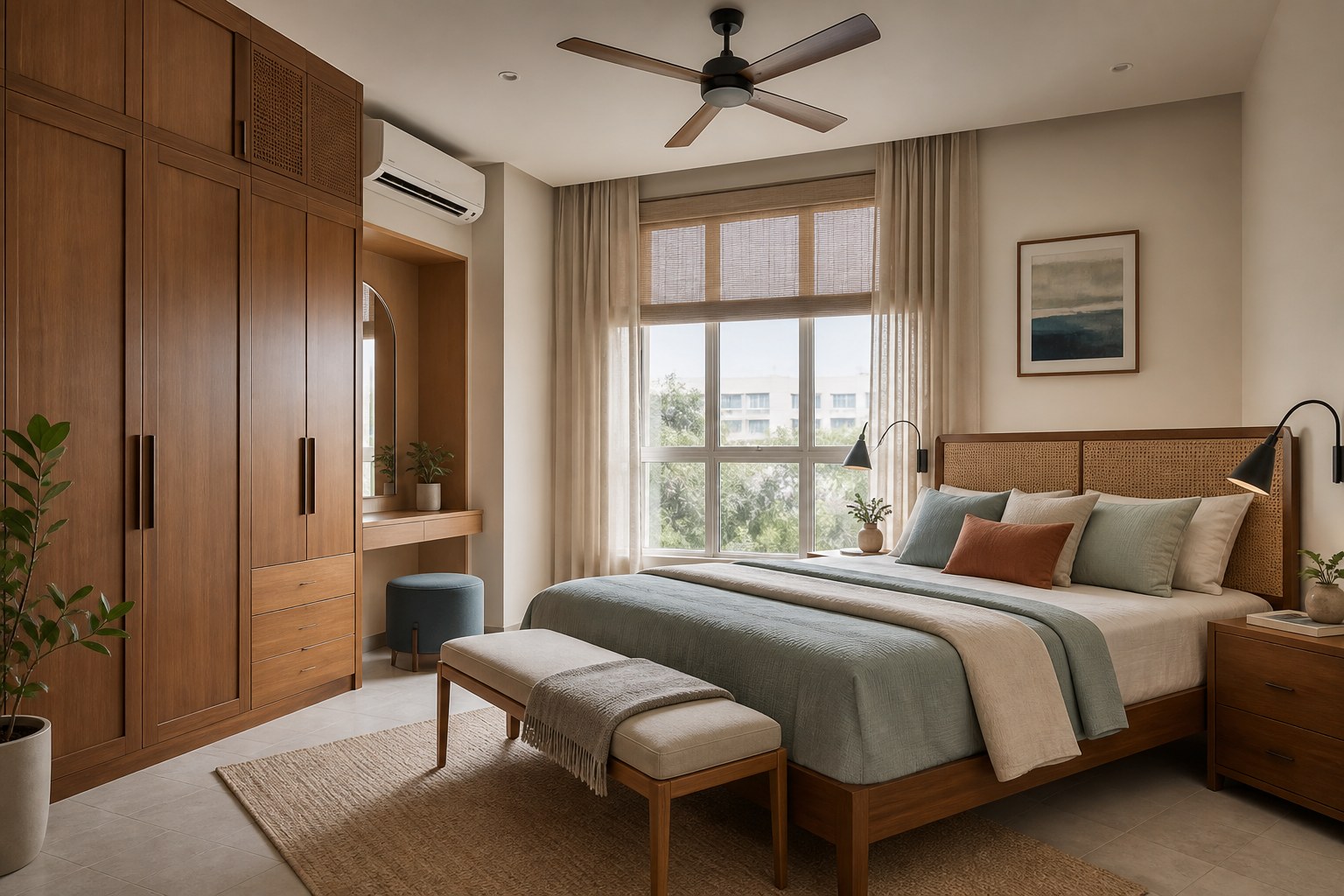 Restful Chennai bedroom with wood furniture wardrobe light curtains ceiling fan rug and reading lights