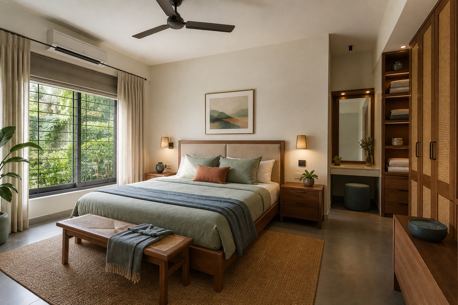 Calm Coimbatore bedroom with wood furniture wardrobe textiles reading lights and natural ventilation