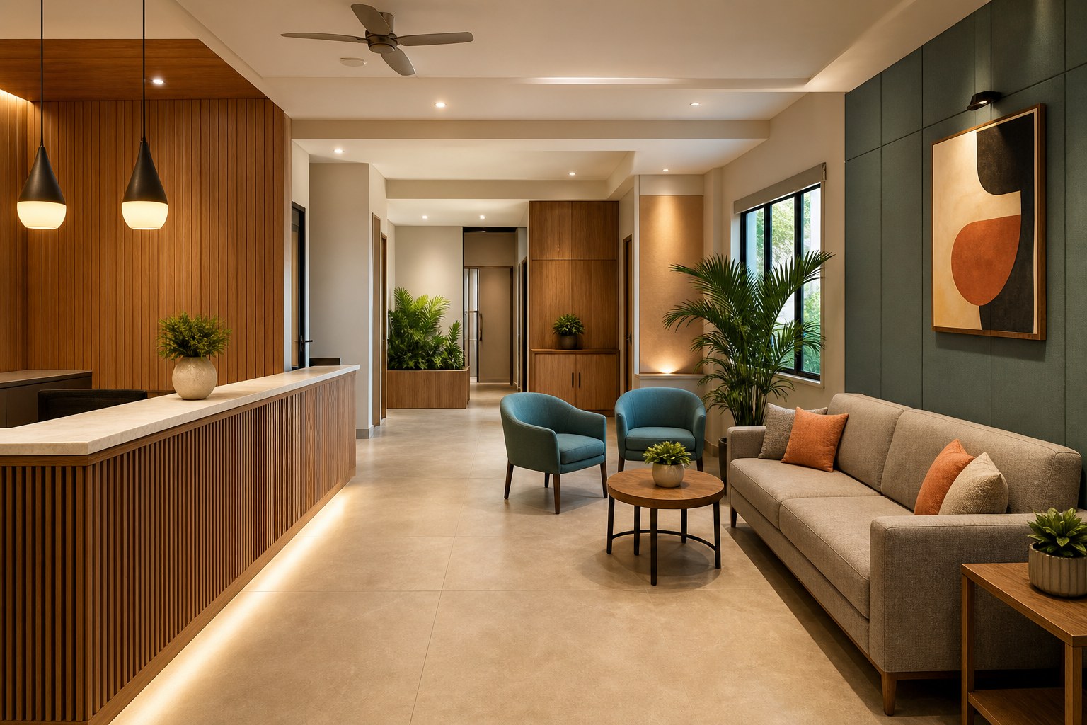 Polished Kakinada reception and hospitality lounge with durable seating tables lighting and decor