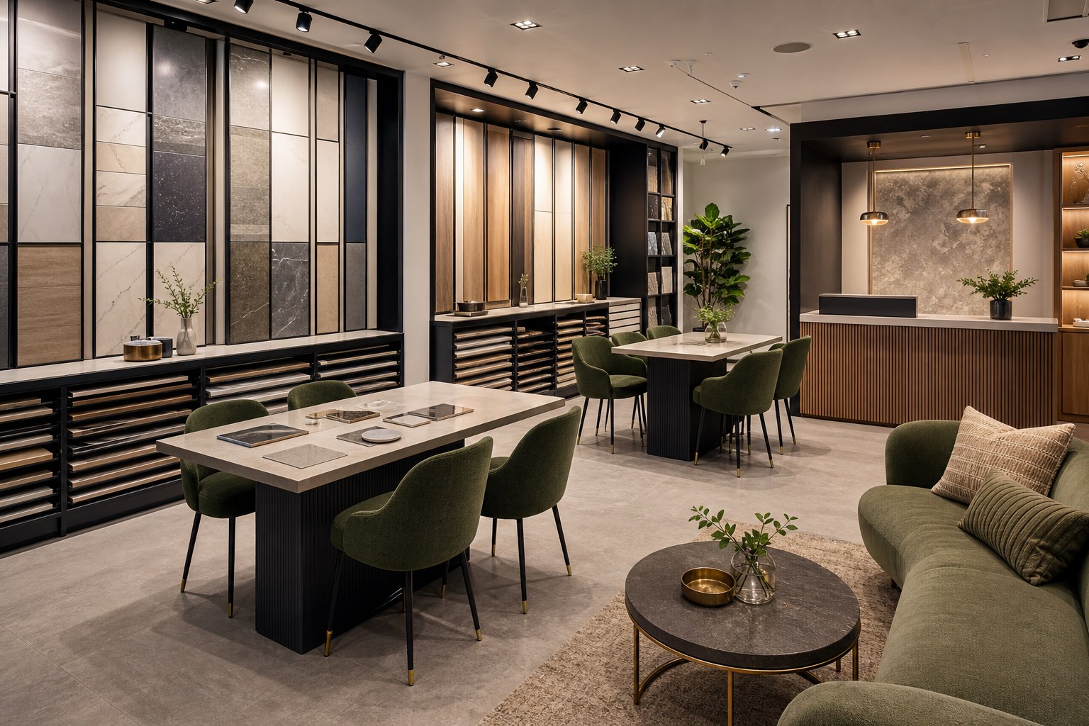 Contemporary Morbi material showroom with sample displays consultation tables seating and lighting