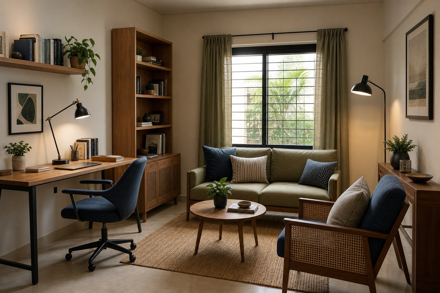 Flexible Nadiad family lounge and study with seating desk bookshelves and layered lighting