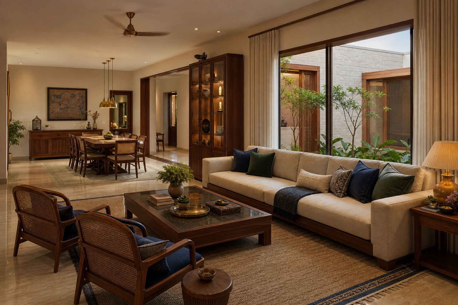 Spacious Rajkot villa living and dining room with crafted furniture storage lighting and decor