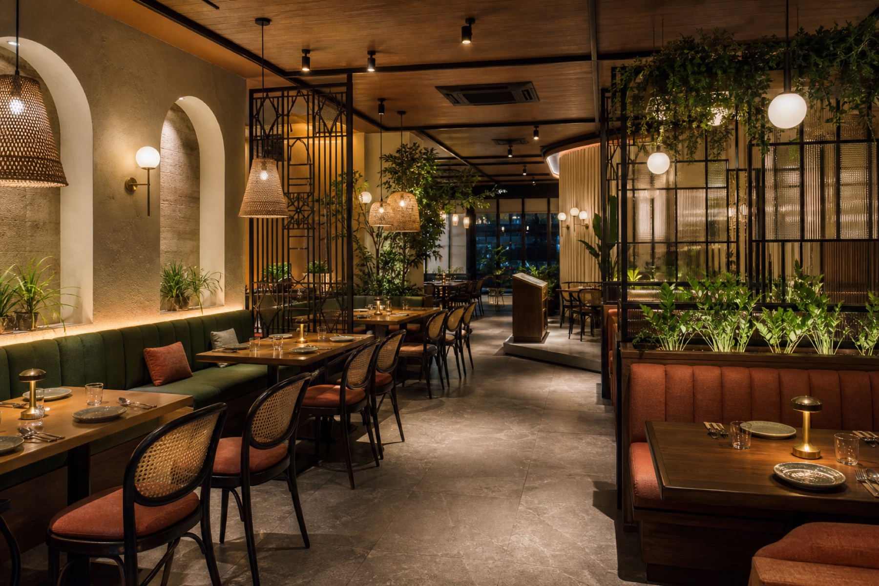 Rajkot restaurant interior with durable dining furniture banquettes lighting and customer flow