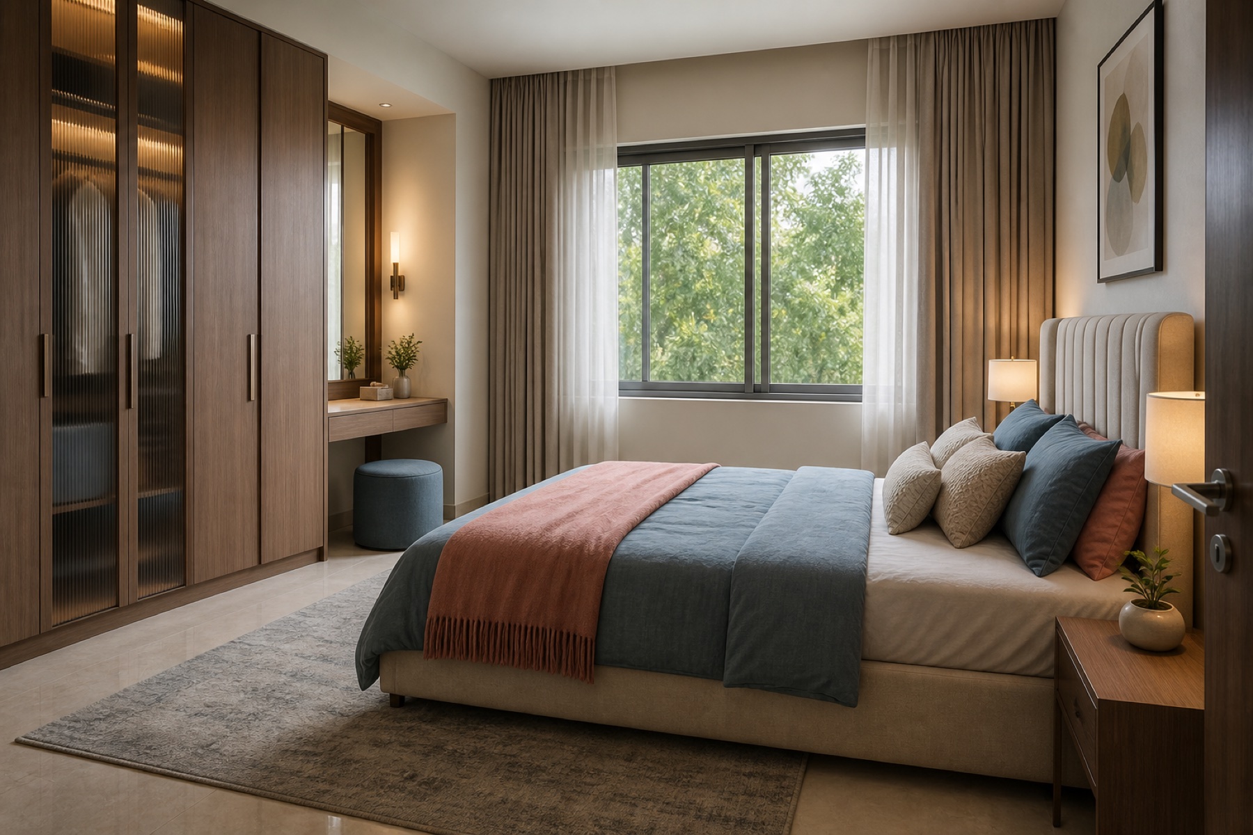 Surat bedroom with coordinated bed wardrobe dressing area curtains rug and lighting