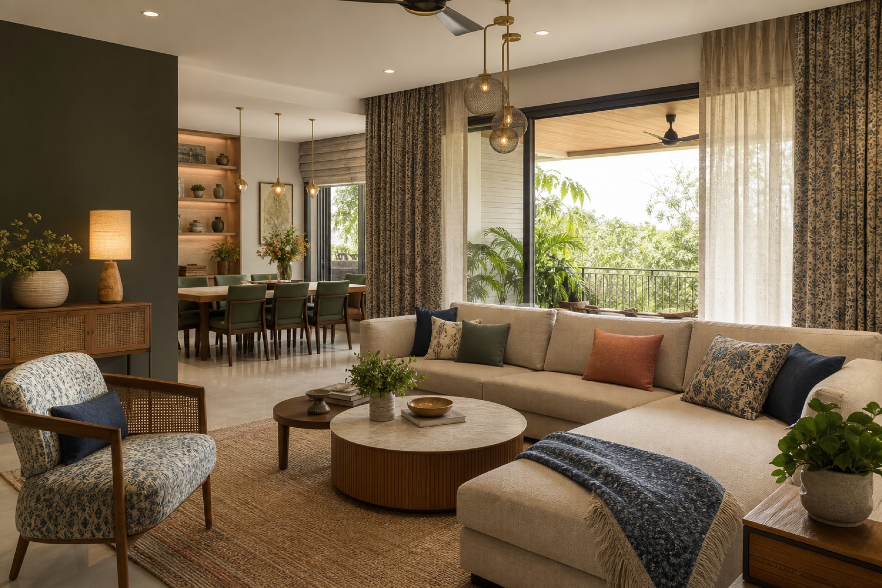 Surat family living room with coordinated furniture curtains upholstery rugs lighting and decor