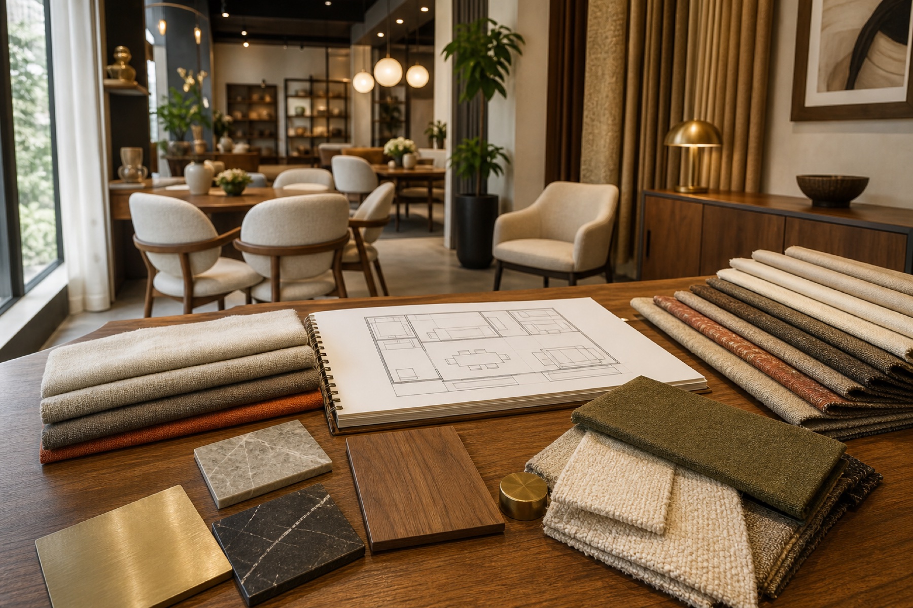 Furniture fabrics wood and stone samples arranged for an interior design consultation