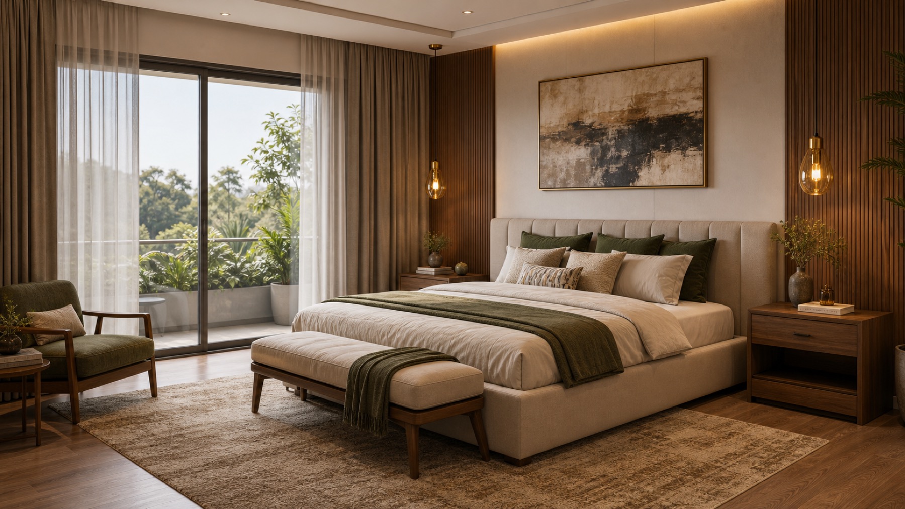 Warm modern bedroom with upholstered bed, bedside tables, rug, curtains, and lighting
