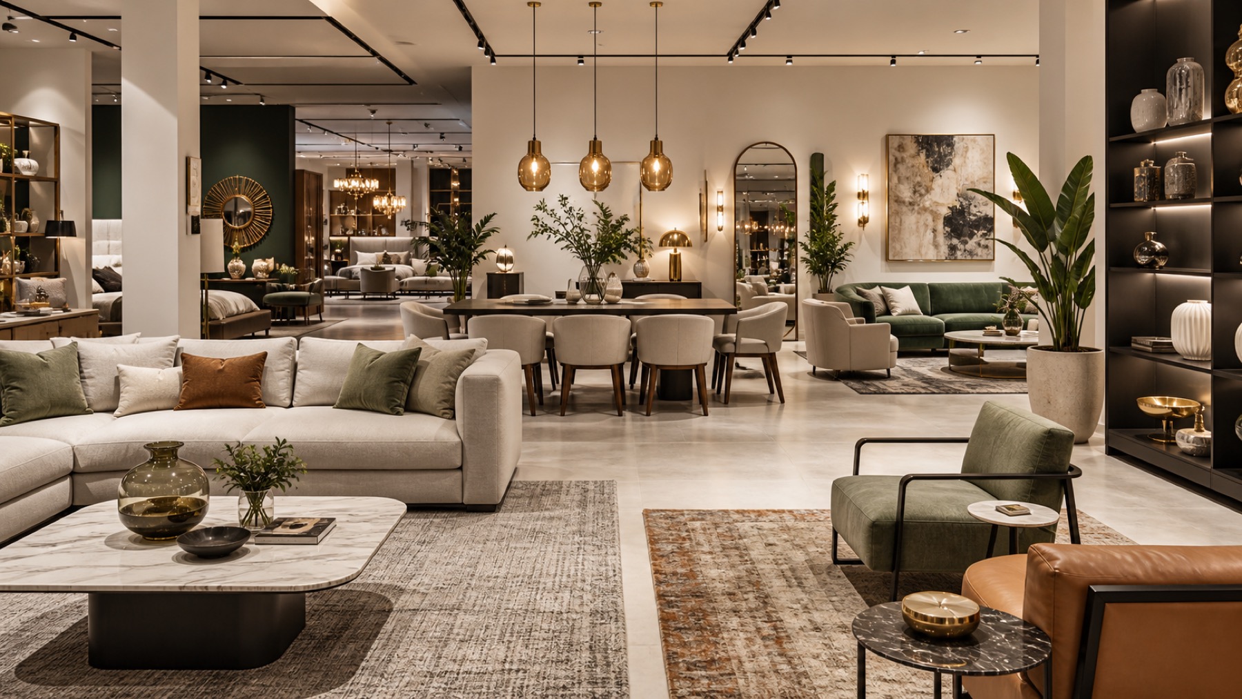Luxury showroom with coordinated furniture, lighting, rugs, and decor