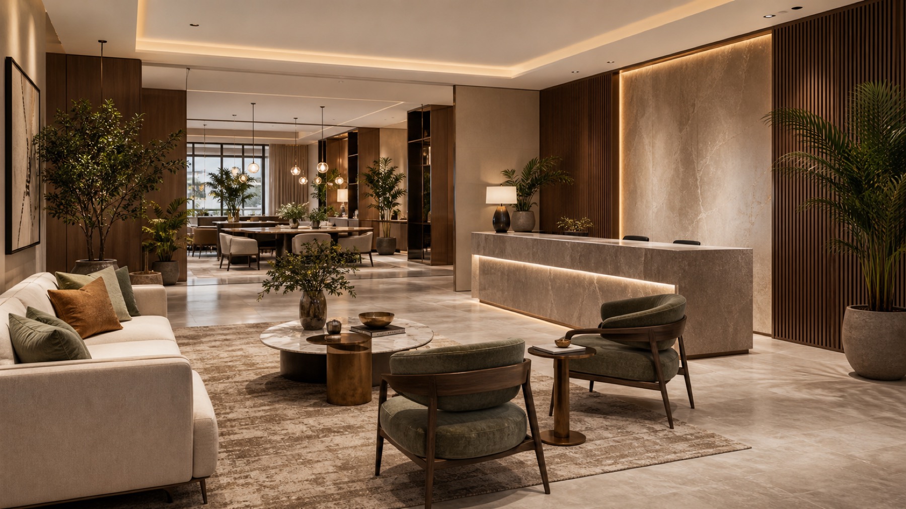 Premium reception lounge with sofas, chairs, console, plants, lighting, and decor