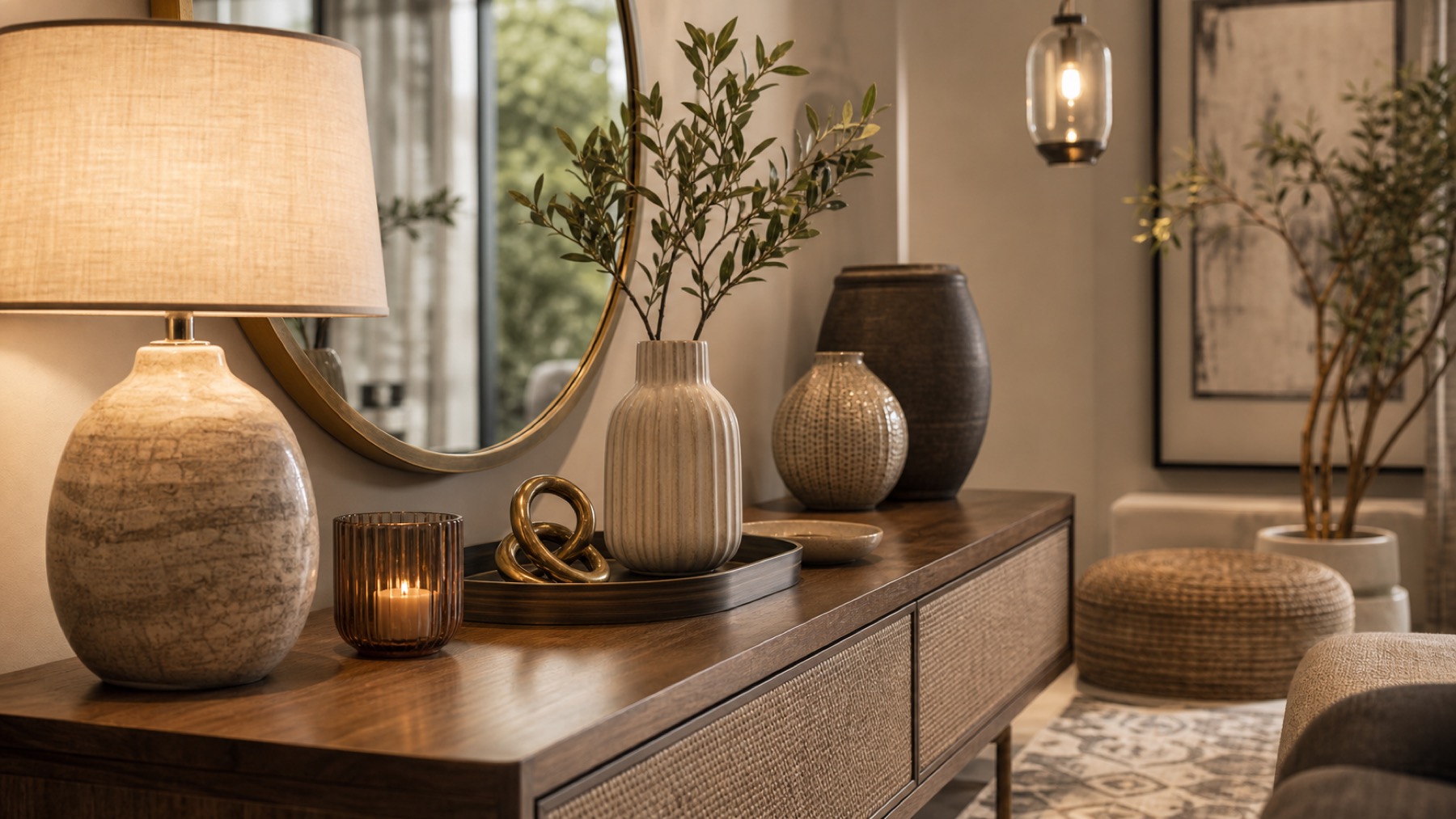 Styled console with table lamp, vases, mirror, pendant light, and decor objects