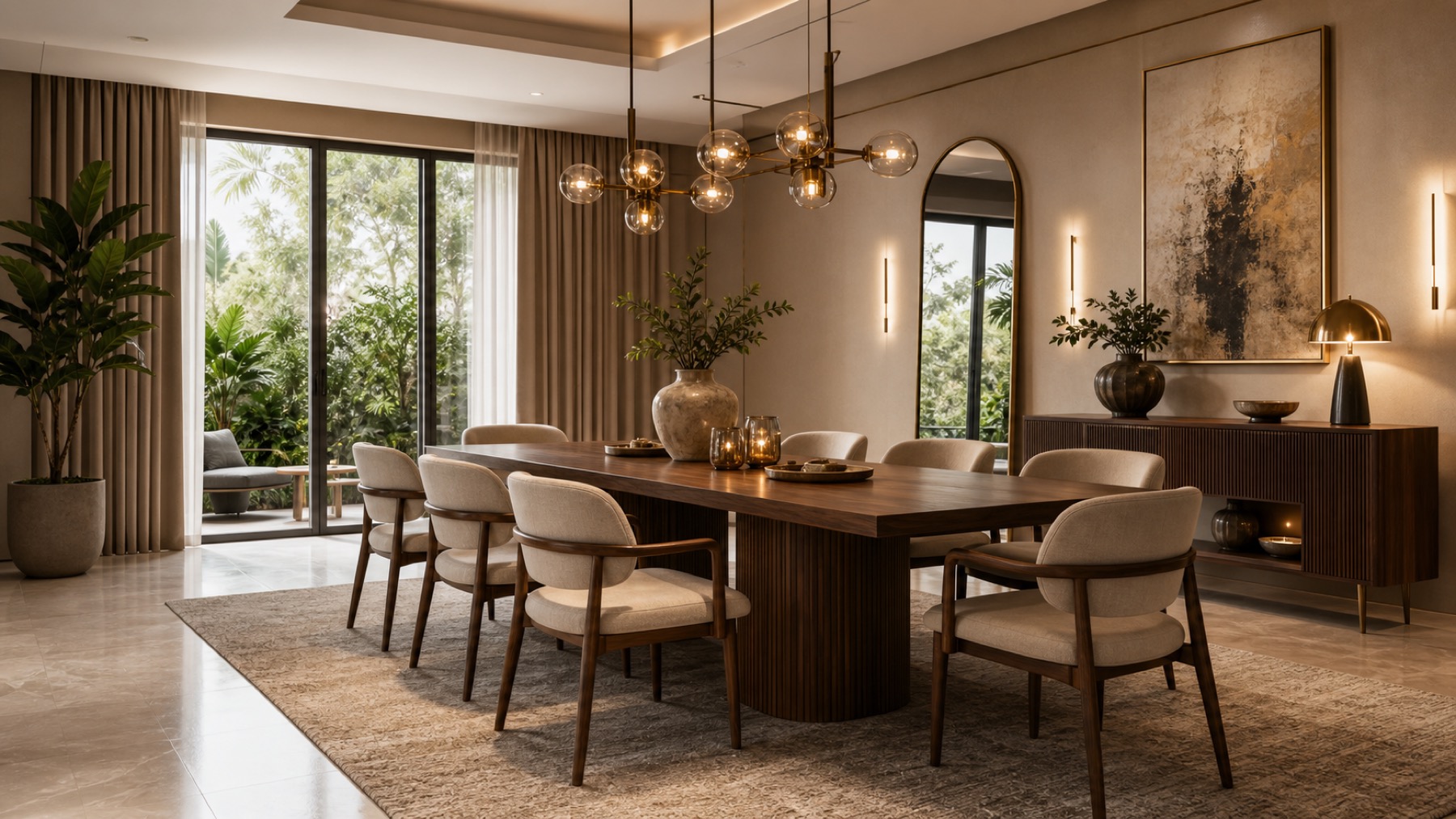 Premium dining room with dining table, upholstered chairs, chandelier, sideboard, and decor