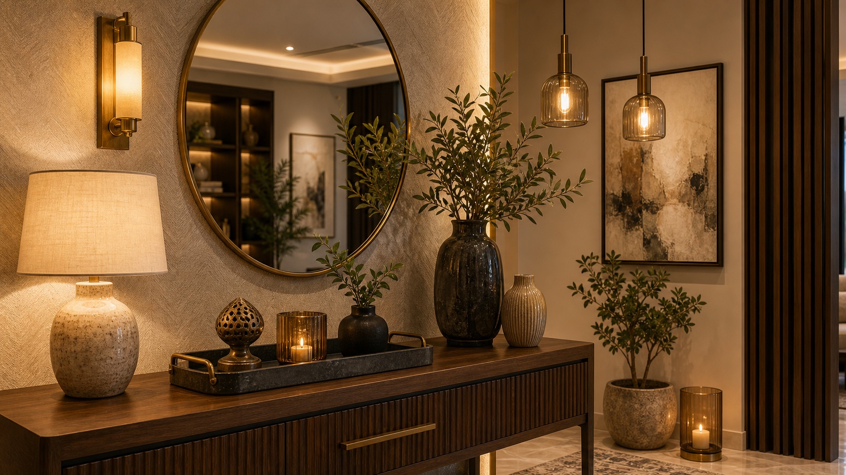 Styled console vignette with table lamp, wall sconce, pendant lights, mirror, wall art, vases, decorative tray, and warm layered lighting