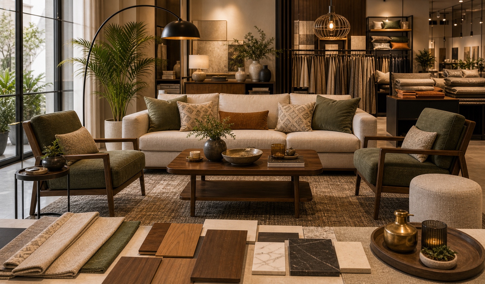 Coordinated furniture selection studio with sofa, accent chairs, tables, rug, lighting, fabric swatches, wood finishes, and decor