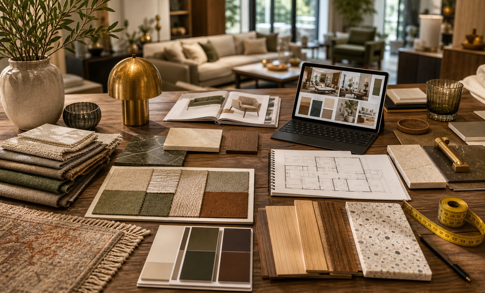 Interior sourcing table with fabric swatches, wood samples, stone finishes, rug textures, floor plan, catalogue, tablet mood board, and measuring tape