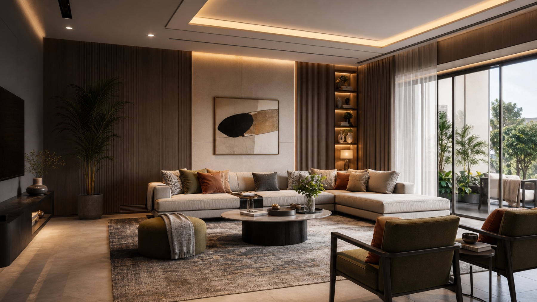 Contemporary furnished living room with wall panels, sofa, lighting, and decor