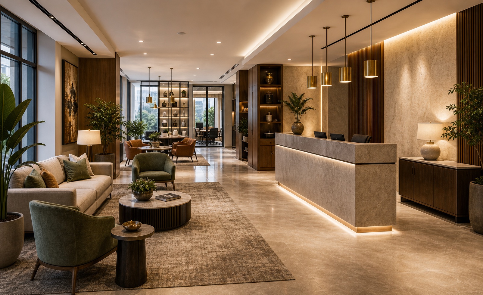 Premium commercial reception lounge with front desk, durable seating, small tables, wall panels, planters, pendant lights, storage, and clear circulation