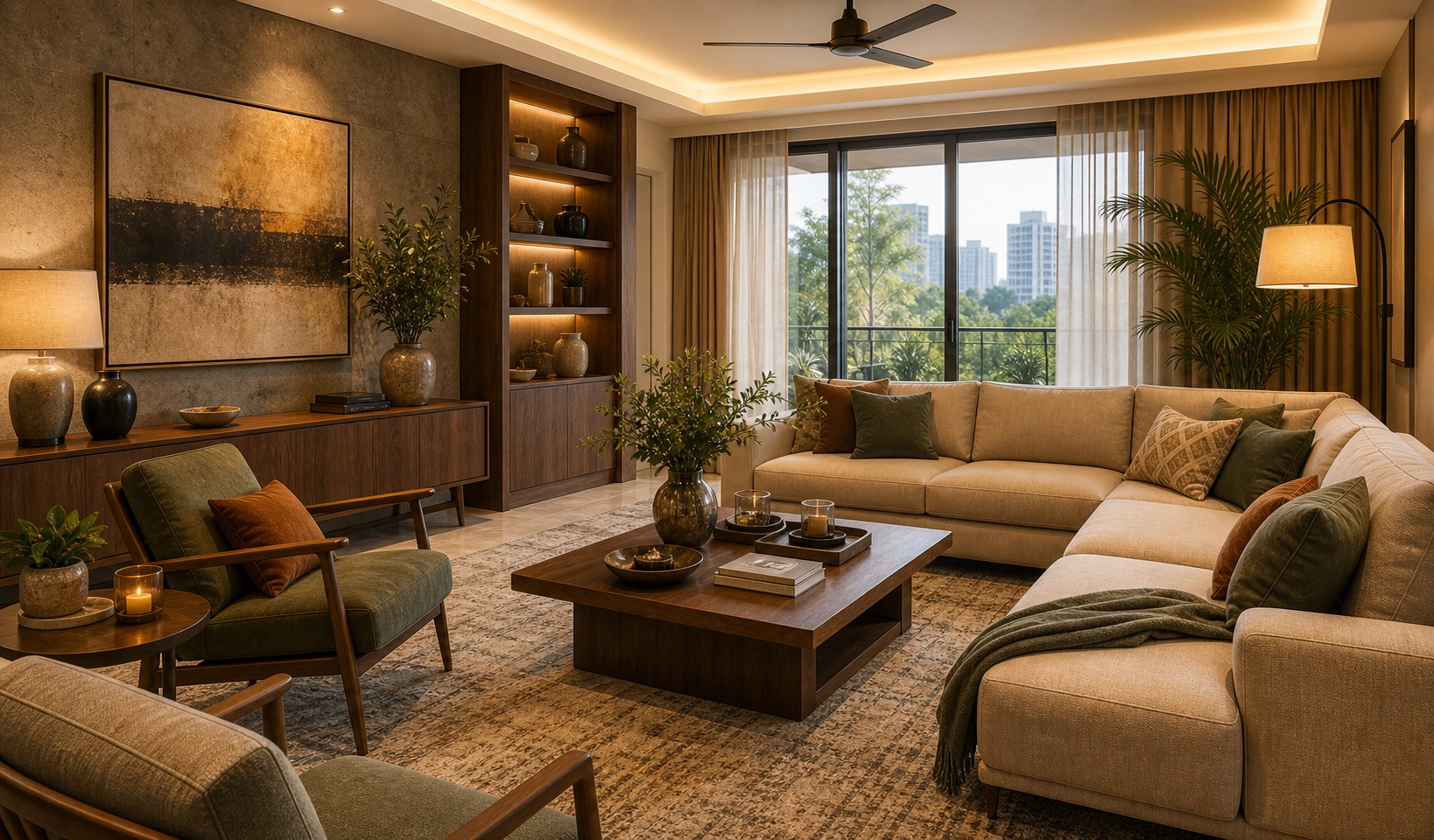 Complete warm modern living room with sofa, chairs, rug, lamps, wall art, console, plants, and cushions
