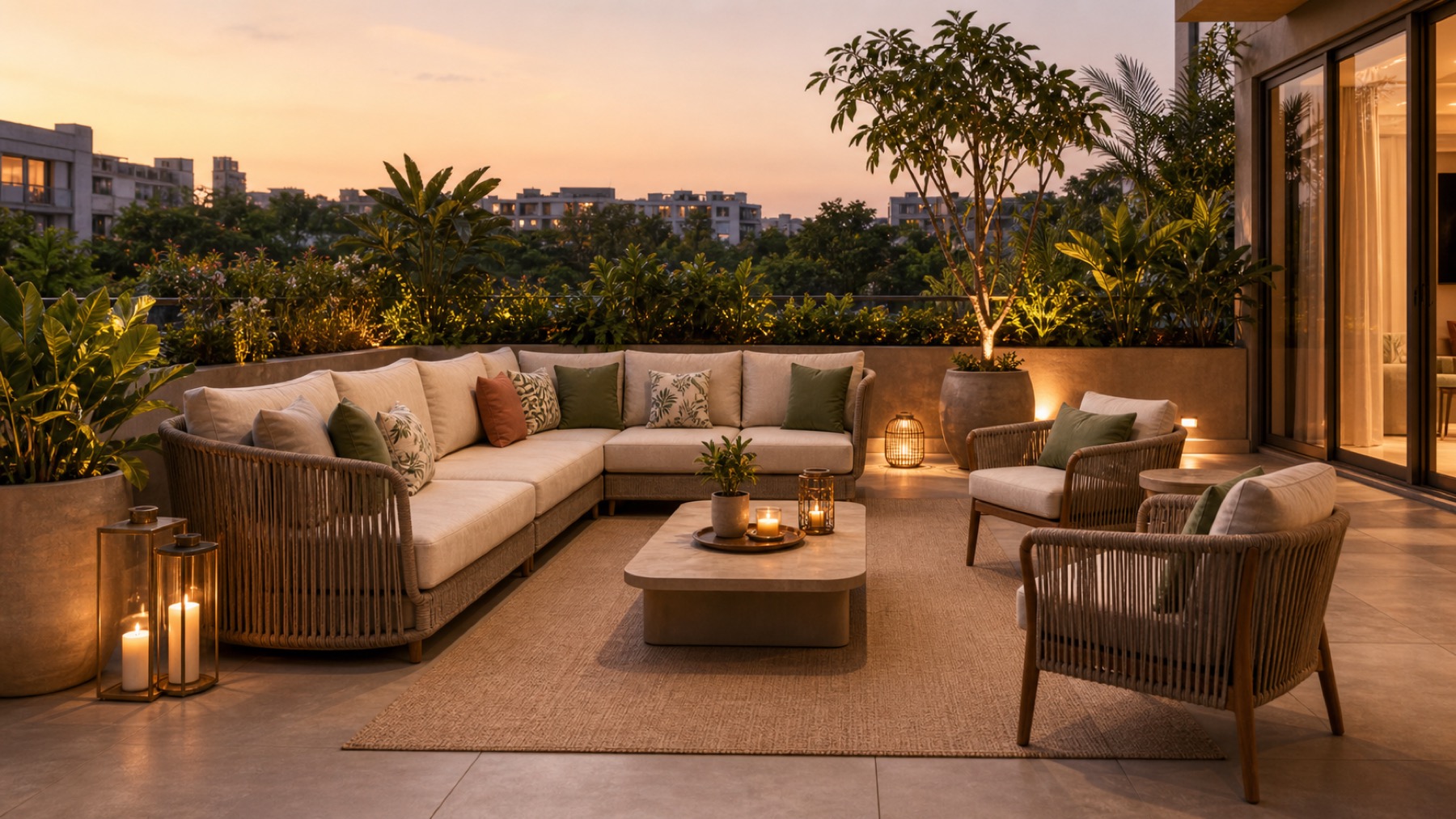 Luxury terrace with outdoor sofa, lounge chairs, planters, lanterns, and greenery