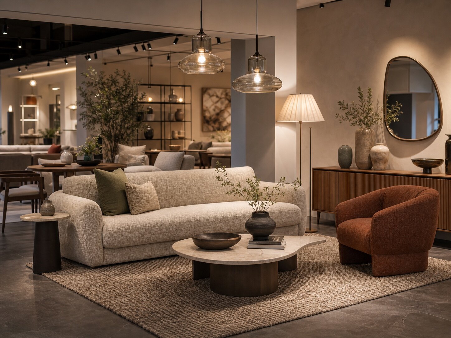 Curated furniture, lighting, and decor composition