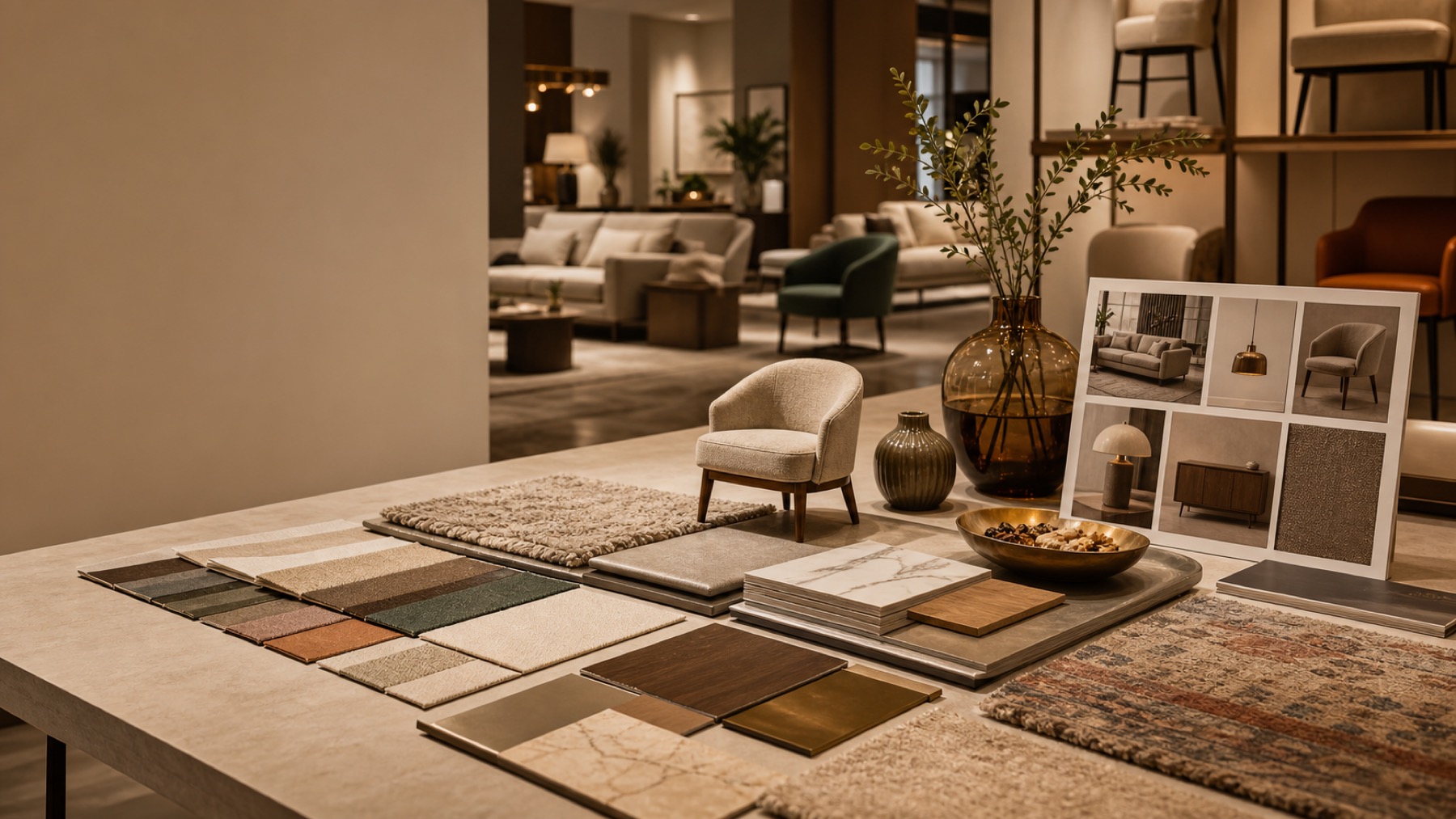 Interior design sourcing table with materials, rug samples, decor, and furniture references