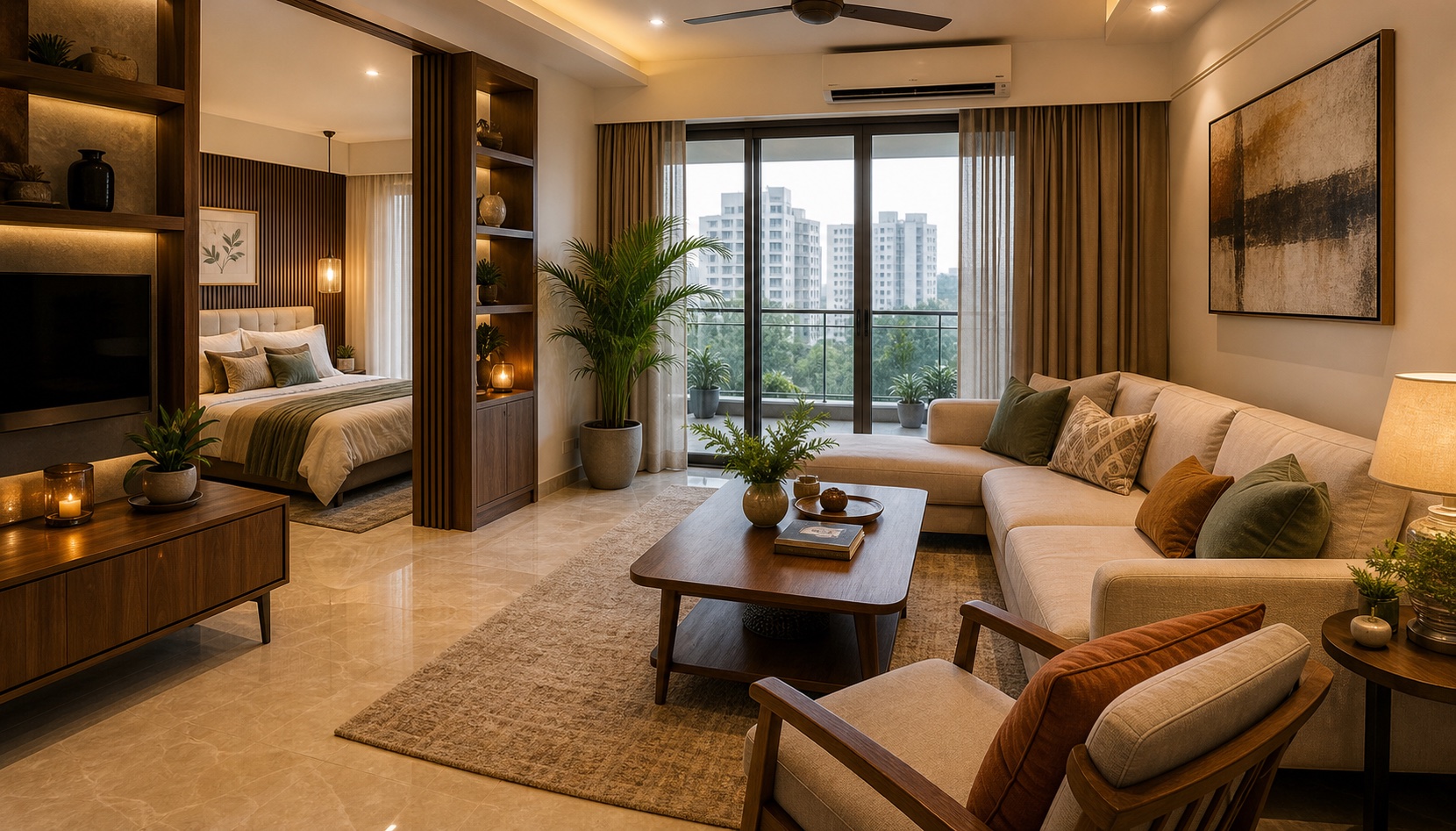 Modern furnished apartment with living room, bedroom view, sofa, rug, curtains, lighting, plants, and storage