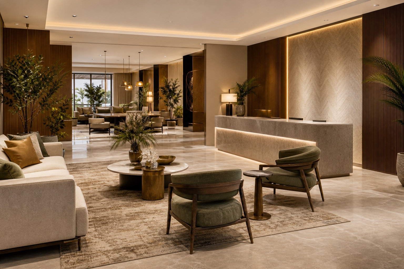 Premium hotel lobby lounge with reception desk, sofas, lounge chairs, tables, rugs, plants, and warm hospitality lighting