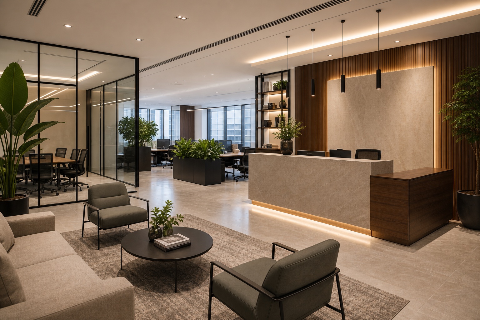 Contemporary office reception with front desk, waiting lounge, meeting room glass, workstations, plants, and professional lighting