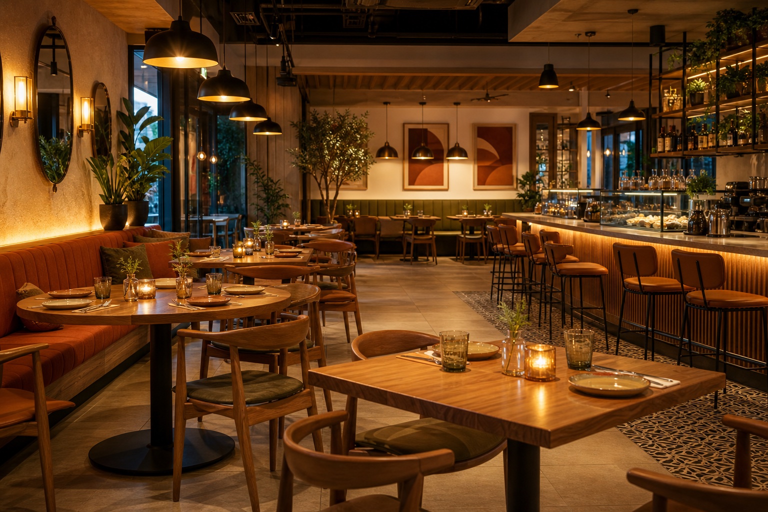 Warm restaurant and cafe interior with dining tables, banquette seating, bar counter, pendant lights, plants, and wall styling
