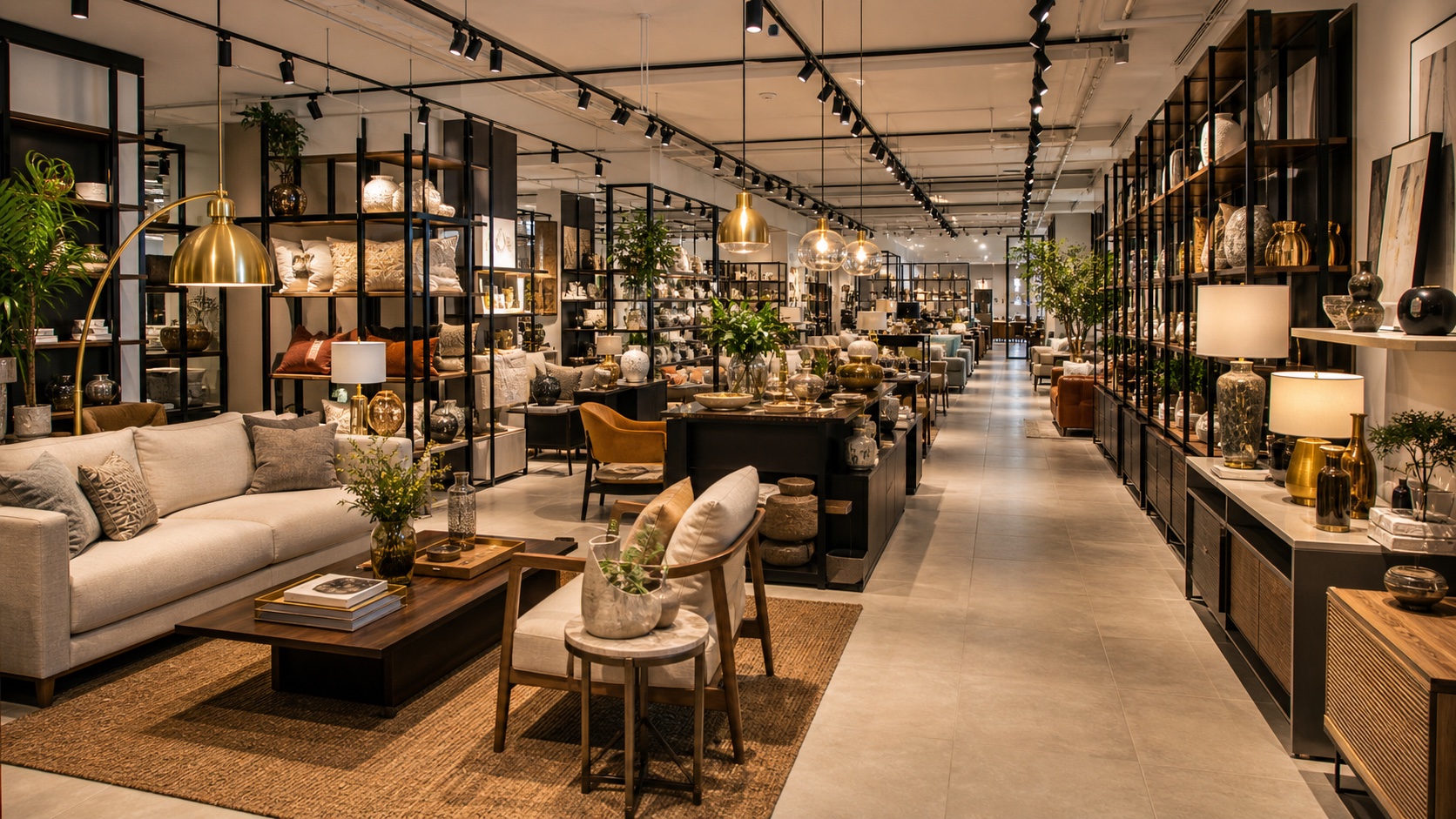 Premium furniture and home decor retail showroom with display shelves, sofas, decor objects, lighting, product zones, and customer aisles