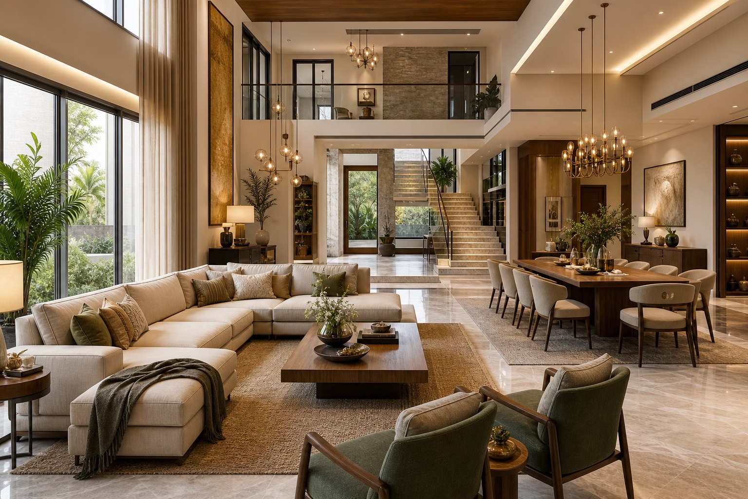 Spacious villa interior with double height living room, dining area, staircase, chandelier, sofa, curtains, and decor