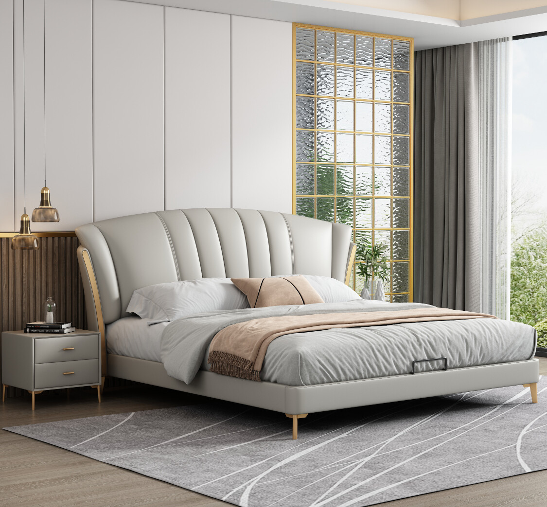 Cream Channel-Tufted Upholstered Bed with Wingback Headboard