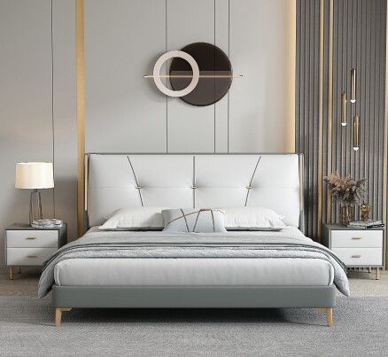 Modern Light Grey Upholstered Bed with Panel-Tufted Headboard