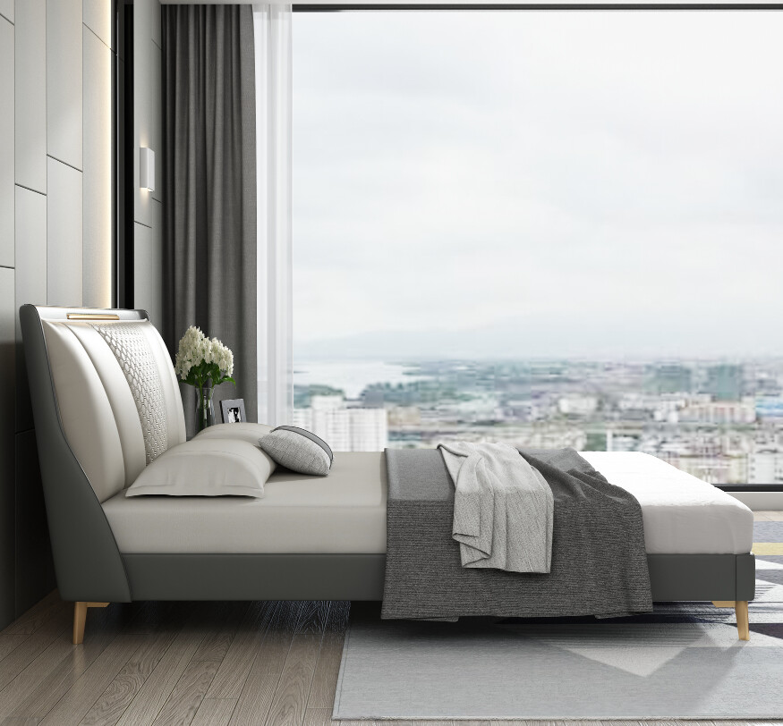 Modern Upholstered Wingback Bed in Grey and Ivory
