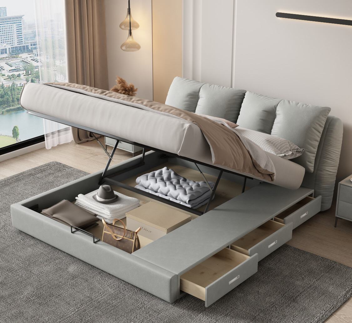 Modern Upholstered Hydraulic Storage Bed with Side Drawers