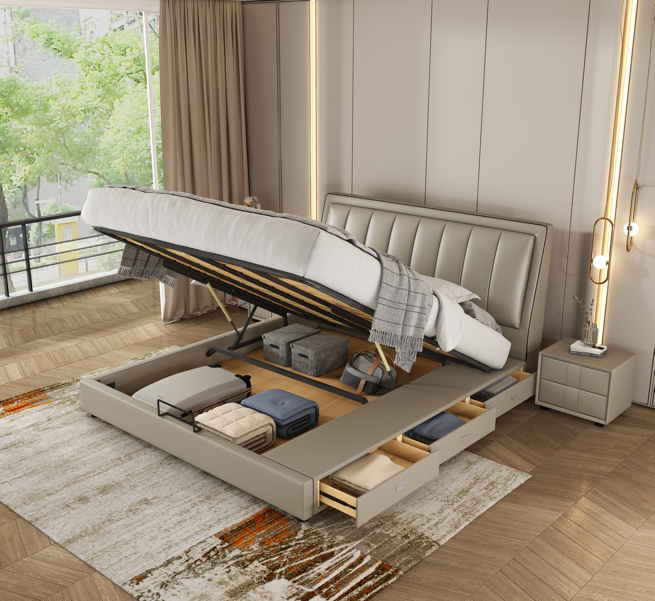 Upholstered Hydraulic Storage Bed with Drawers