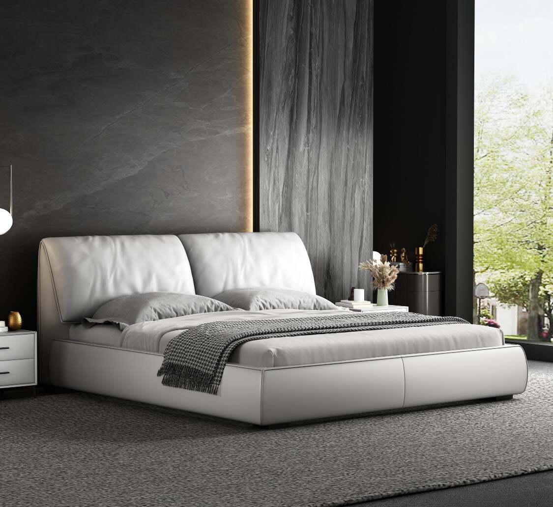 White Upholstered Platform Bed with Cushioned Split Headboard