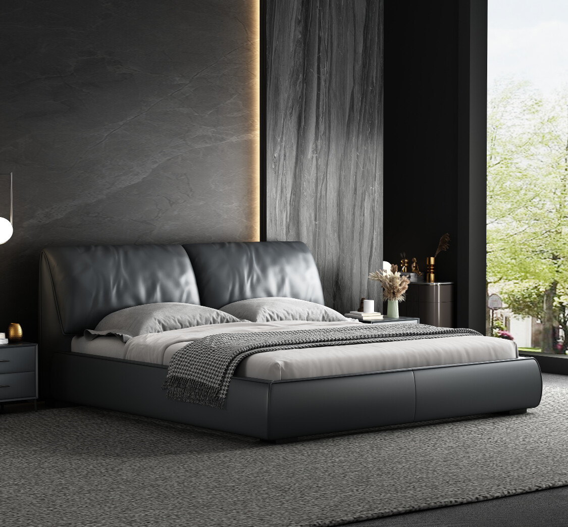Charcoal Grey Upholstered Platform Bed with Cushioned Headboard