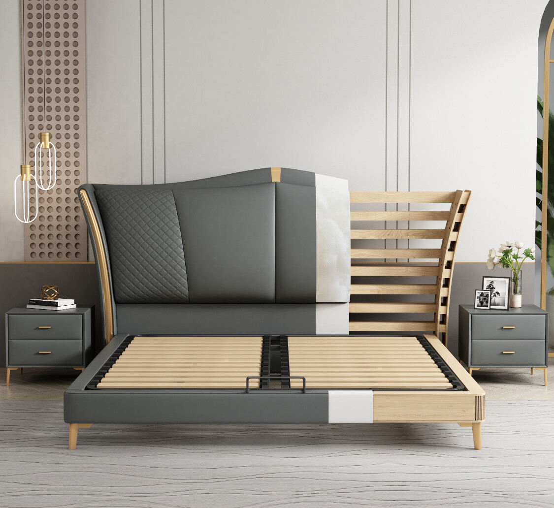 Modern Two-Drawer Grey Bedside Table with Gold Handles