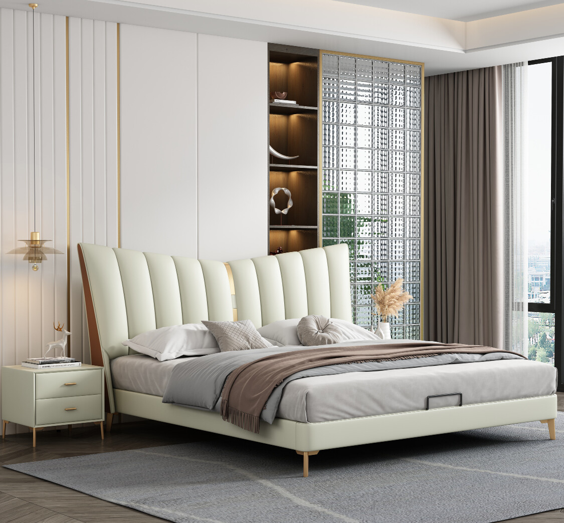 Cream Channel-Tufted Upholstered Bed with Wingback Headboard