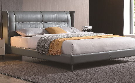 Grey Upholstered Platform Bed with Tall Cushioned Headboard