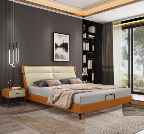 Modern Upholstered Queen/King Platform Bed in Tan and Cream