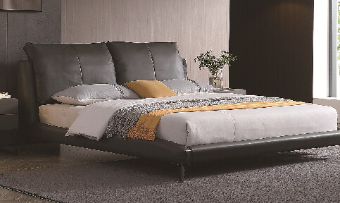Grey Upholstered Platform Bed with Cushioned Panel Headboard