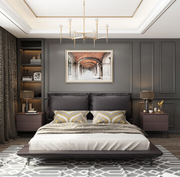 Modern Low Platform Double Bed with Padded Headboard
