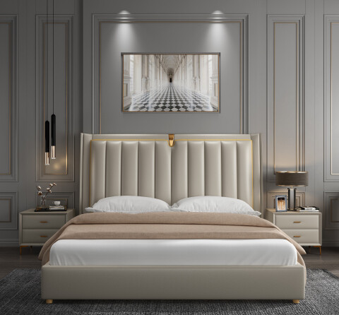 Cream Upholstered Bed with Tall Channel Headboard