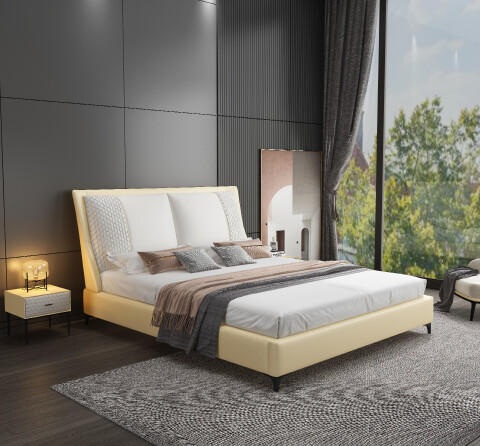 Contemporary Cream Upholstered Platform Bed