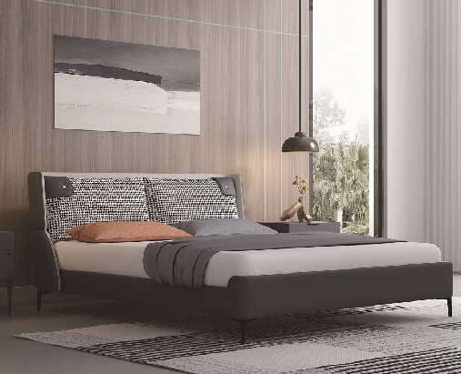 Contemporary Upholstered Platform Bed with Patterned Headboard